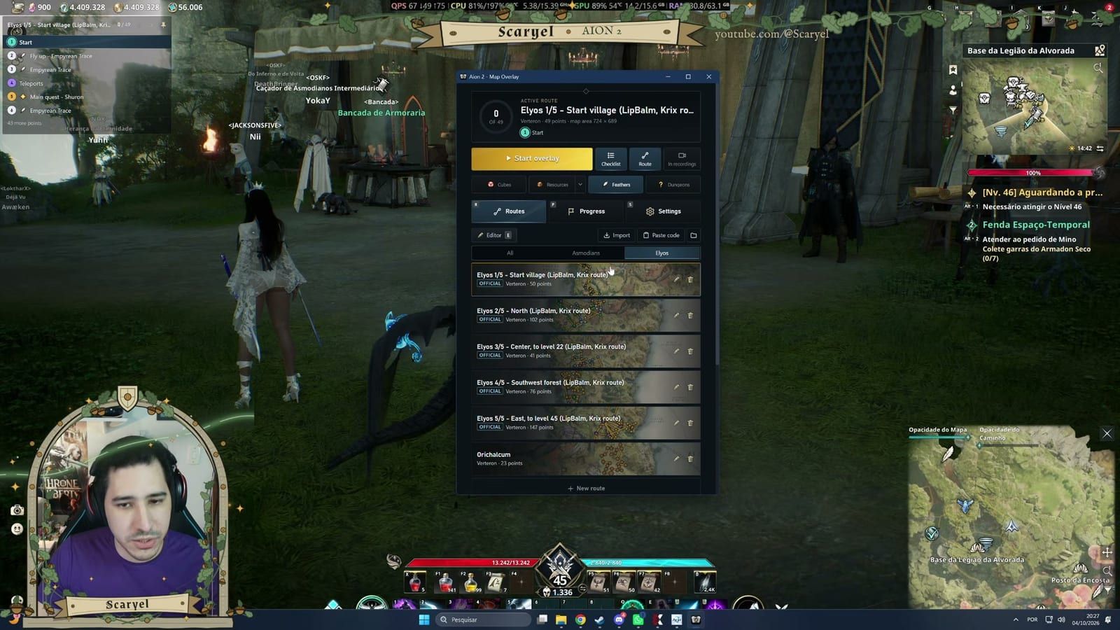 O painel do overlay lista as etapas da rota sobre o jogo