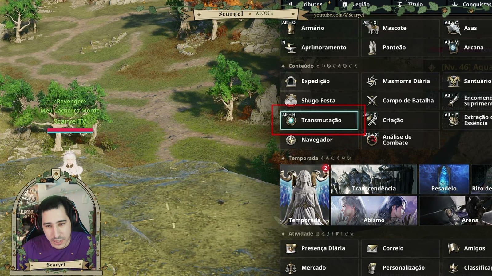 Menu do ESC com a Transmutação em destaque