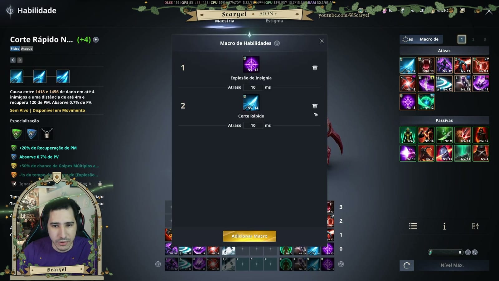 A janela Macro de Habilidades mostra dois slots em sequência, Explosão de Insígnia e Corte Rápido, com a barra de habilidades logo abaixo