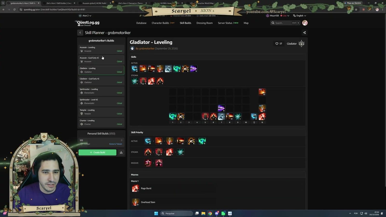 O Skill Planner lista os macros de criadores por classe, aqui o de Gladiador
