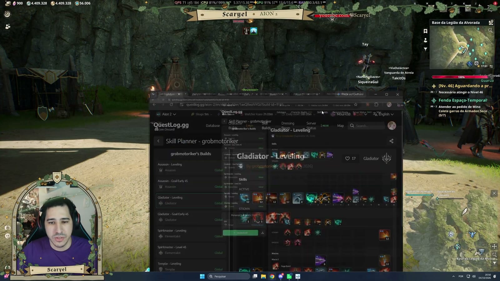 O Skill Planner do Questlog abre o macro de um criador de conteúdo para Gladiador