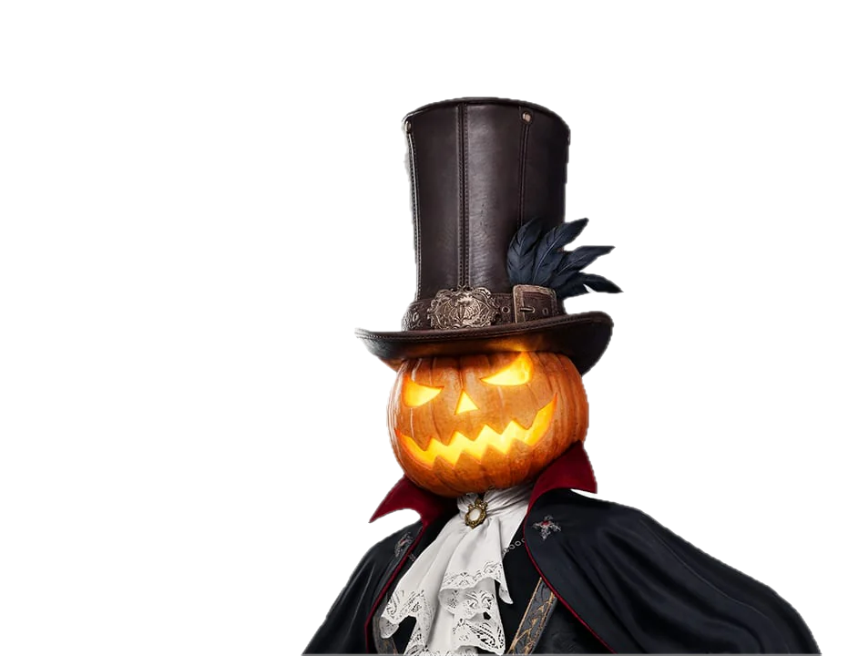 Dapper-O'-Lantern — cartola de couro com pena preta sobre a abóbora entalhada