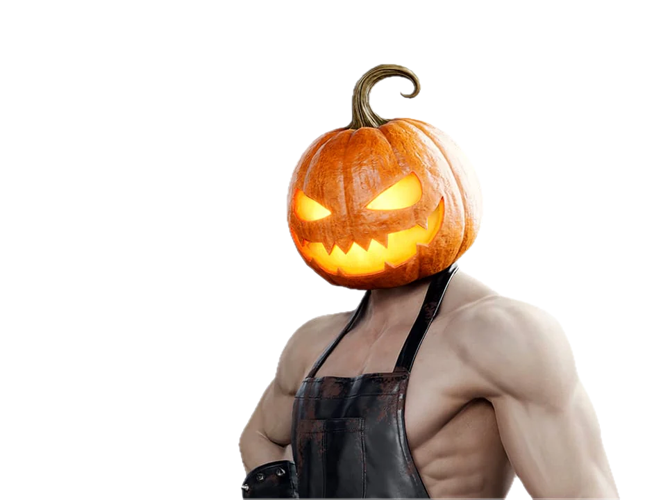 Jack-O'-Lantern — a abóbora clássica substitui a cabeça inteira, com haste dourada enrolada no topo