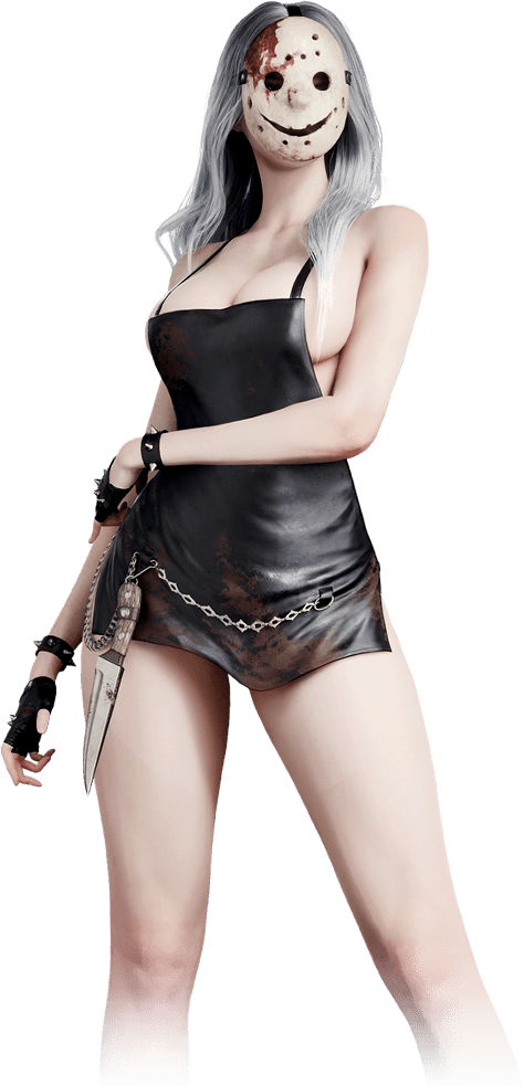 Midnight Slasher — versão feminina, vestido de couro curto e a máscara ensanguentada