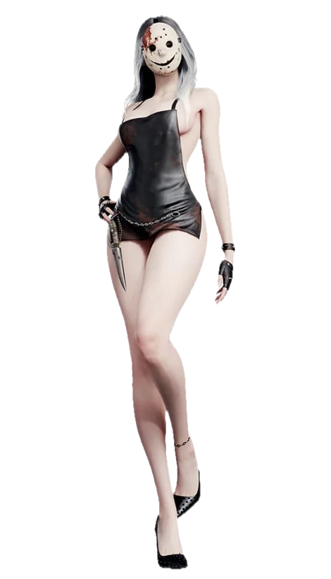 Midnight Slasher — corpo inteiro da versão feminina, vestido curto de couro e corrente na cintura
