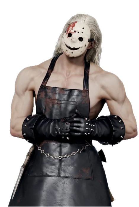 Midnight Slasher — close da versão masculina, a máscara sorridente manchada de sangue