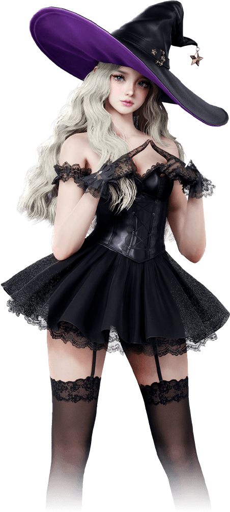 Midnight Witch — versão feminina, chapéu de aba larga roxa e corpete de renda
