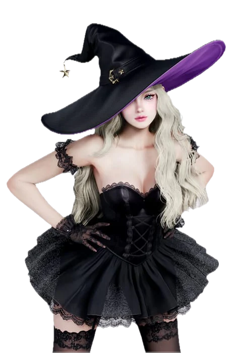 Midnight Witch — close da versão feminina, chapéu com pingente de estrela e olhar sonolento