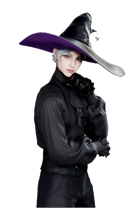 Midnight Witch — close da versão masculina, cabelo prateado curto sob a aba roxa do chapéu