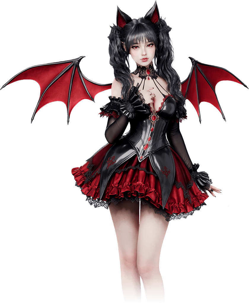 Monarch of Blood — versão feminina, orelhas e asas de morcego sobre o corselete bordado