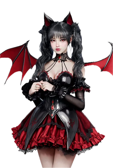 Monarch of Blood — close da versão feminina, colar de pingente vermelho e mangas de renda