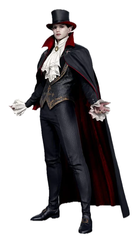 Monarch of Blood — corpo inteiro da versão masculina, cartola emplumada e luvas brancas de renda