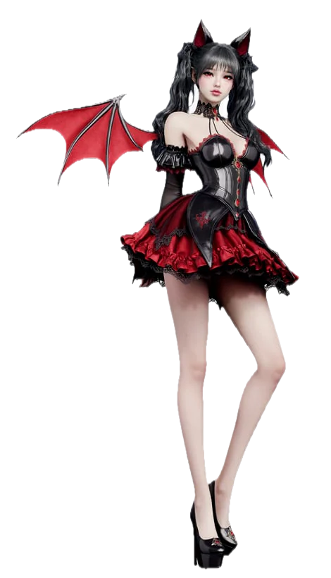 Monarch of Blood — corpo inteiro da versão feminina, saia vermelho-sangue com babados pretos