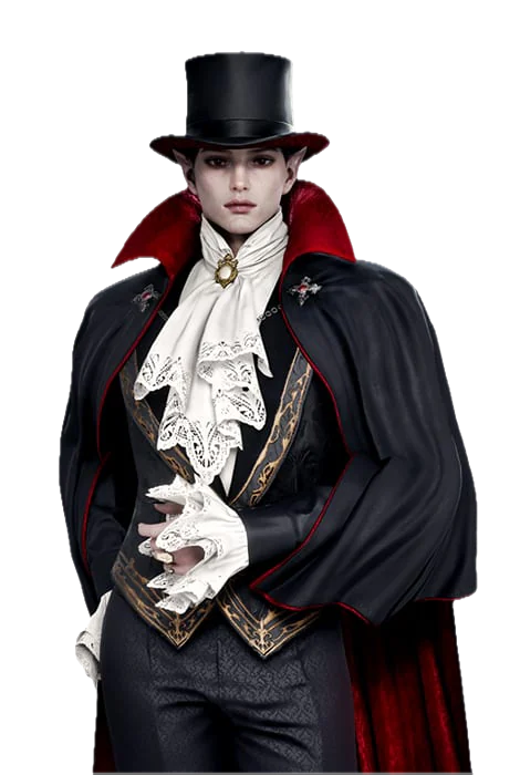 Monarch of Blood — close da versão masculina, broche dourado preso à gravata de renda