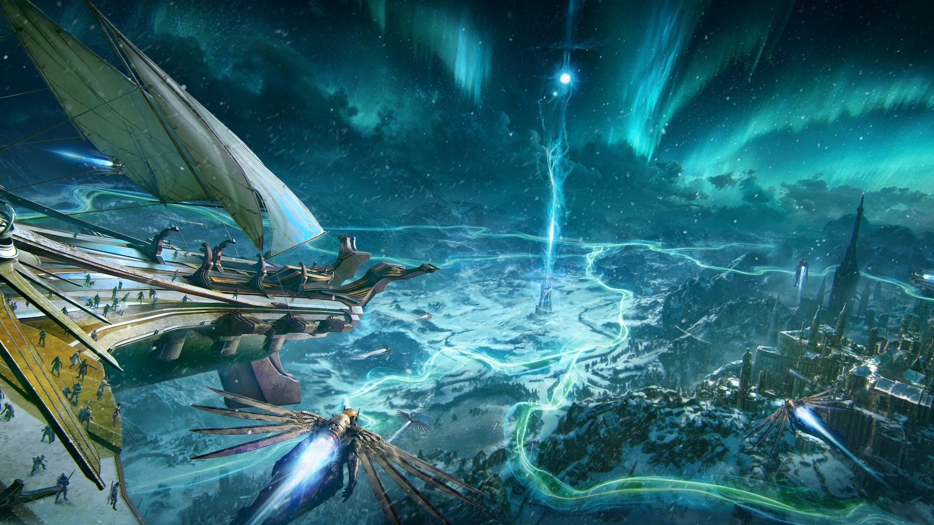 O Aeterion sobre a aurora de Nix — base voadora de onde parte a descida pelo Trajetéreo