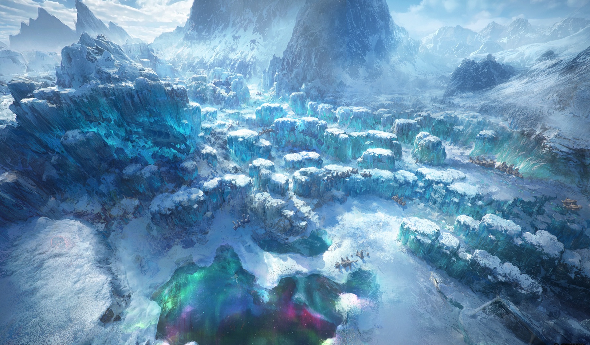 Via Auroral cortando os campos de Nix — trilha de partículas mágicas sobre a neve