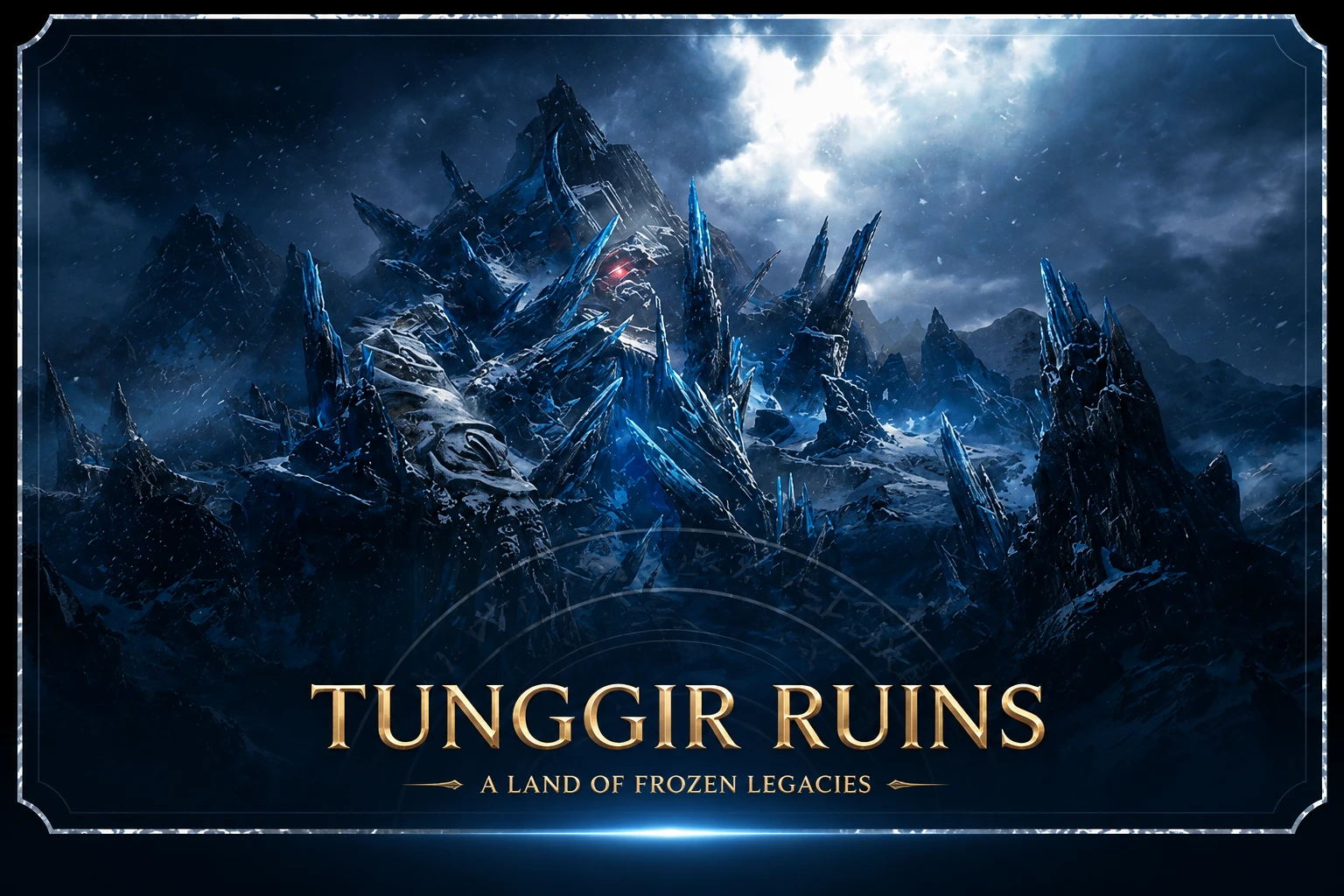 Tunggir Ruins — A Land of Frozen Legacies. Cumes de gelo negro cravados no que sobrou de uma civilização antiga. Olho rubro pulsa entre as ruínas — vestígio do Marak.