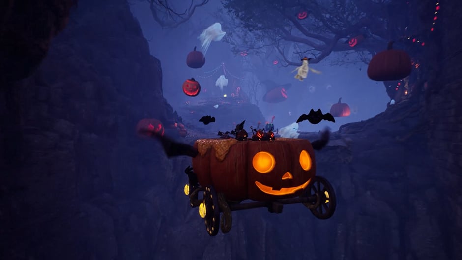 A Carroça de Abóbora atravessando o desfiladeiro, com os fantasmas e morcegos do cenário de evento