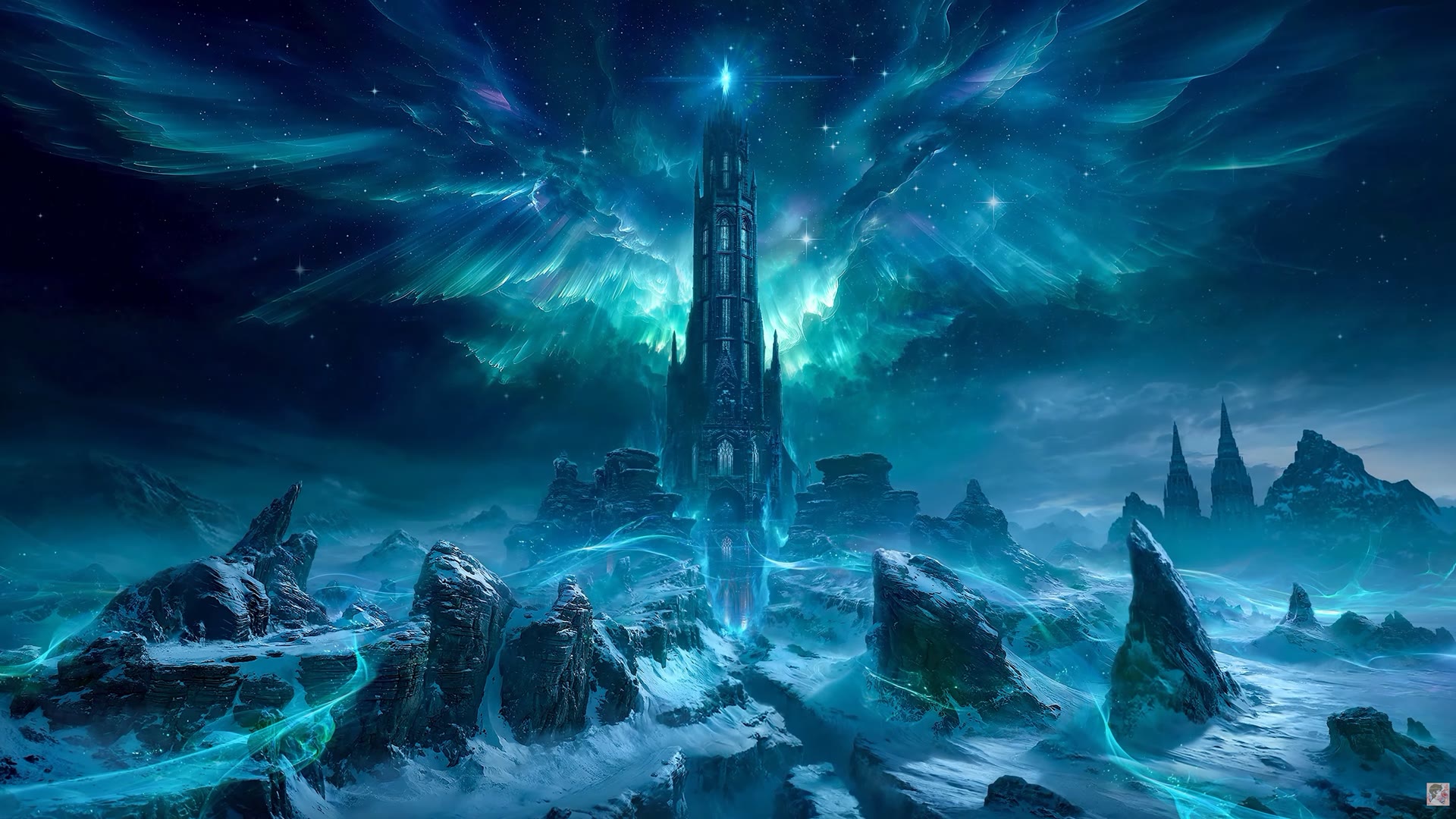 La torre de Nix bajo una aurora de luz — el corazón del dominio congelado.