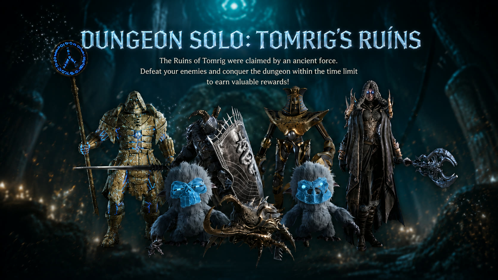 Solo Dungeon: Tómrig Ruins — seized by an ancient force. Overcome the foes and finish within the time.