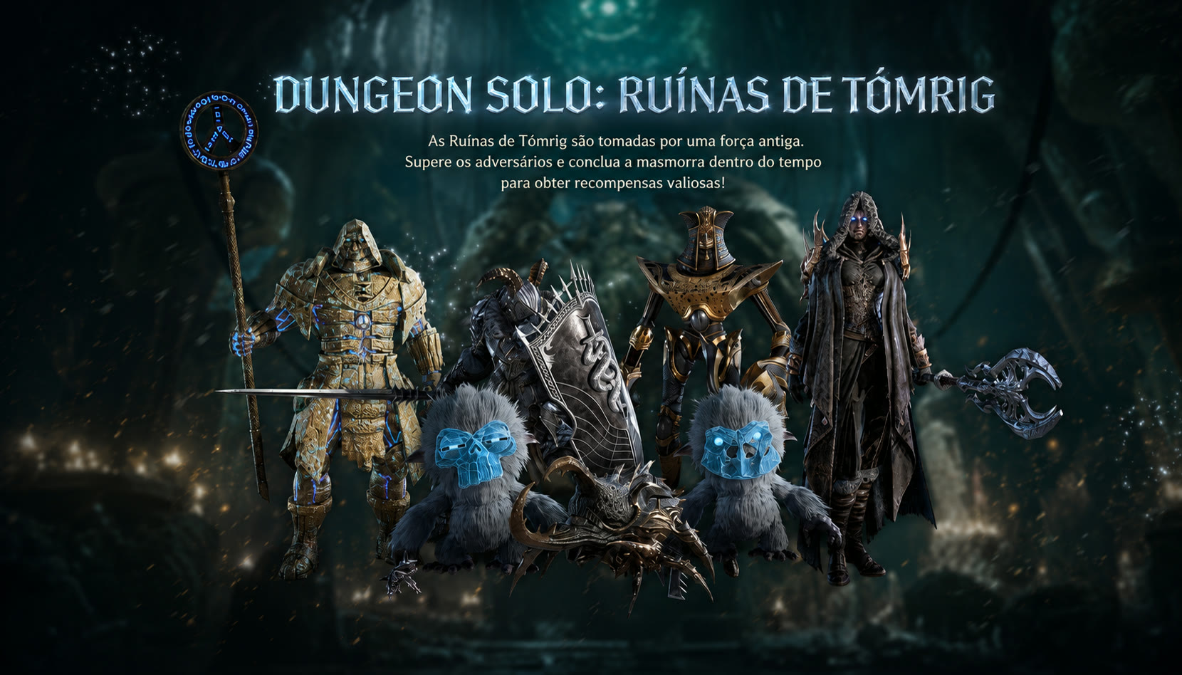 Dungeon Solo: Ruínas de Tómrig — tomadas por uma força antiga. Supere os adversários e conclua dentro do tempo.