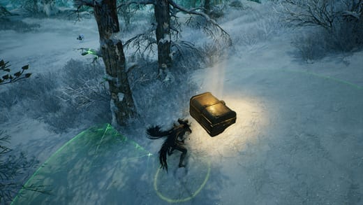 Baú escondido por escavação — revelado pelo pergaminho Detector de Veios do Goblin.